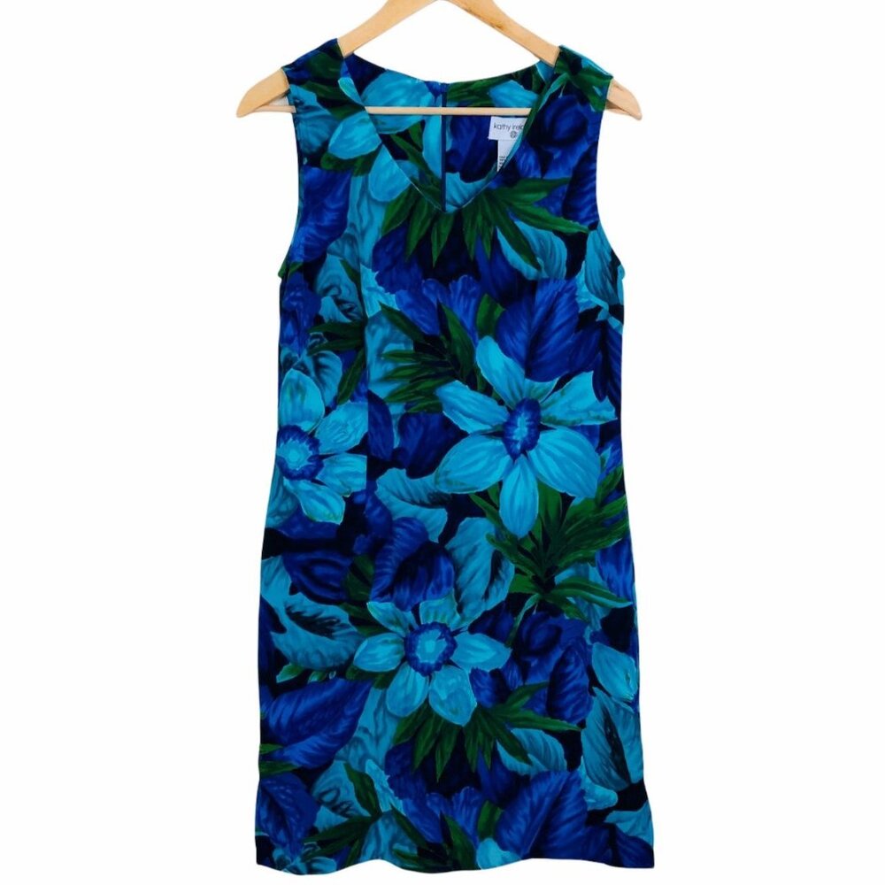 Vtg 90s Kathy Ireland Womens Sleeveless Sheath Dress 10 Blue Floral Artsy
